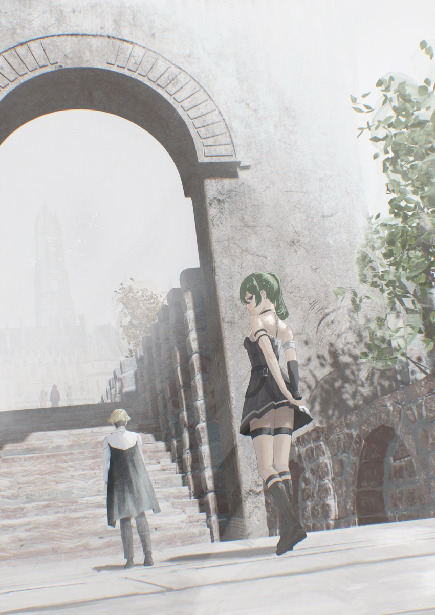 1boy, 1girl, arch, arm_strap, armlet, arms_behind_back, belt, black_belt