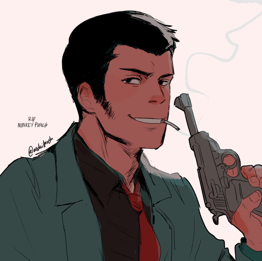1boy, adam's_apple, ai-shii_(kasehara-chan), arsene_lupin_iii, black_eyes, black_hair, black_shirt, collared_shirt