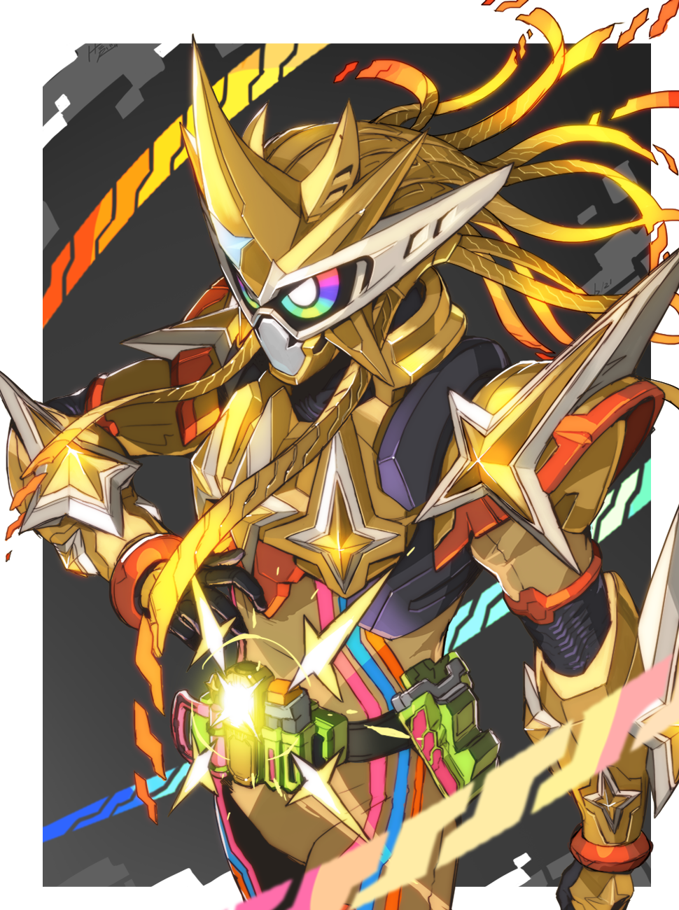 1boy, armor, belt, belt_buckle, black_background, border, buckle, commentary_request