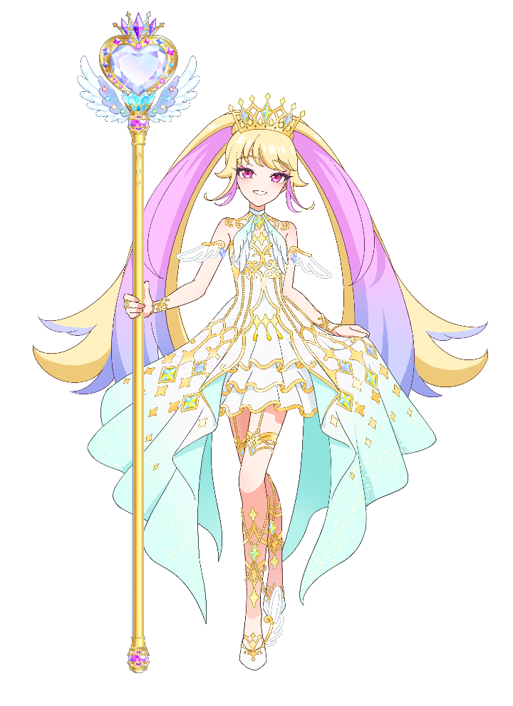 1girl, bare_shoulders, blonde_hair, dress, full_body, gold_trim, gradient_hair, himeme_(waccha_primagi!), holding, holding_scepter, long_hair, looking_at_viewer, multicolored_hair, official_art, open_mouth, pink_eyes, pink_hair, pretty_series, scepter, shoes, simple_background, skirt_hold, smile, solo, standing, tiara, transparent_background, twintails, very_long_hair, waccha_primagi!, waccha_primagi!_studio, white_dress
