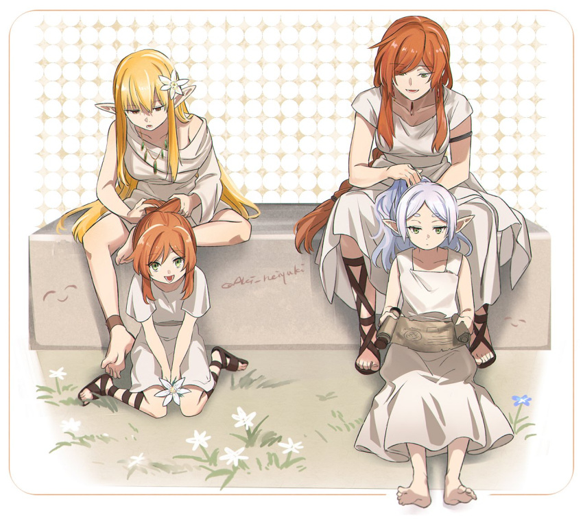 3girls, aged_down, aki_(neyuki41028), anklet, armlet, barefoot, block_(object), blonde_hair