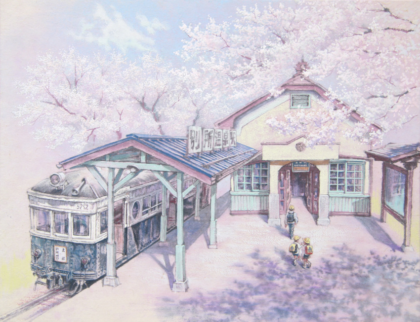0zolvut2323nyus, 3boys, arch, building, cherry_blossoms, child, highres, multiple_boys, nihonga, original, railroad_tracks, scenery, shadow, shelter, sign, sunlight, train, train_station, train_station_platform, tree, window