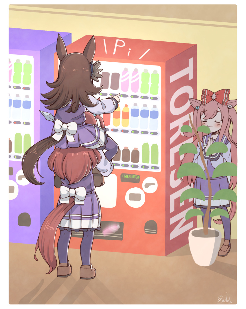 3girls, :3, agnes_digital_(racehorse), agnes_digital_(umamusume), bow, brown_hair, carrying, hair_bow