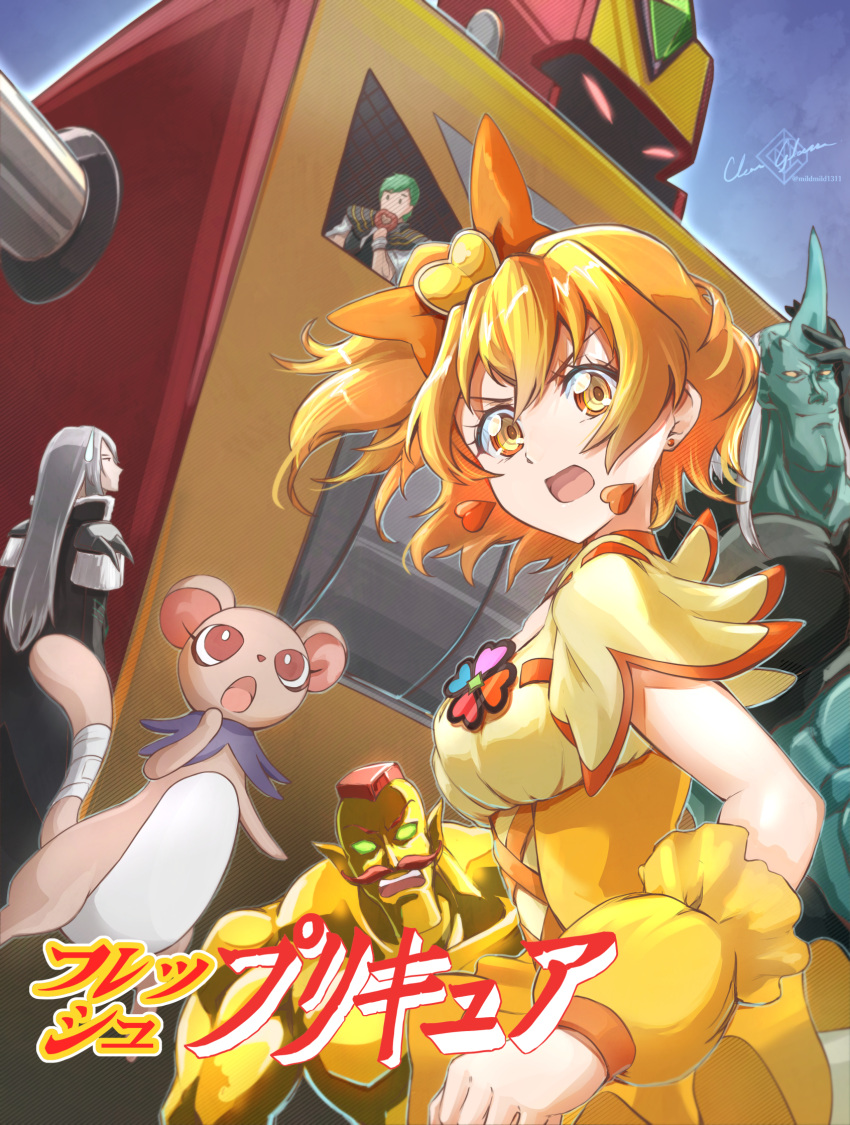 1girl, 4boys, blonde_hair, bow, brooch, brown_eyes, choker, clear_glass_(mildmild1311)