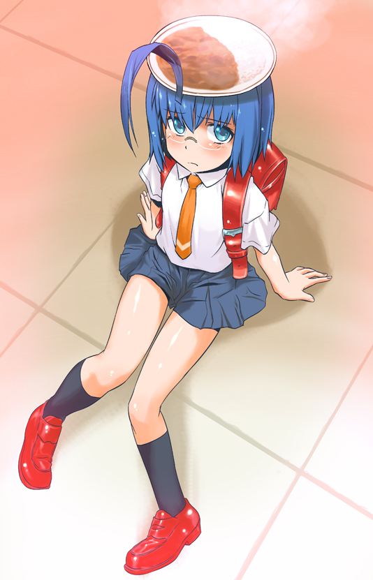 backpack, bag, blue_hair, blush, curry, food, glasses, green_eyes