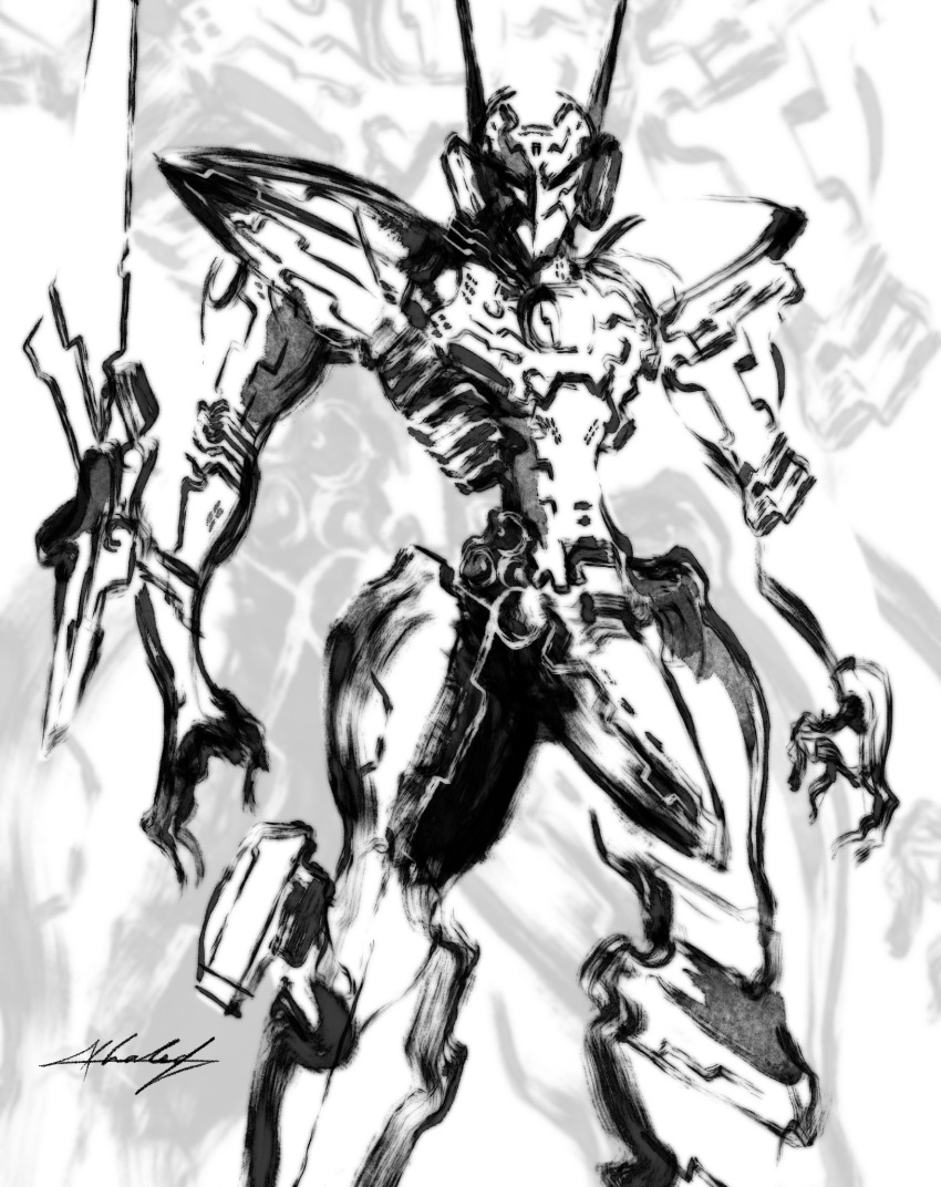 arm_blade, century_wizard, greyscale, highres, jehuty, looking_at_viewer, mecha, monochrome