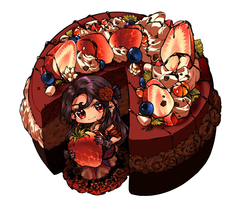 1girl, arm_garter, blueberry, bracelet, cake, canisalpine, chocolate_syrup, dangle_earrings