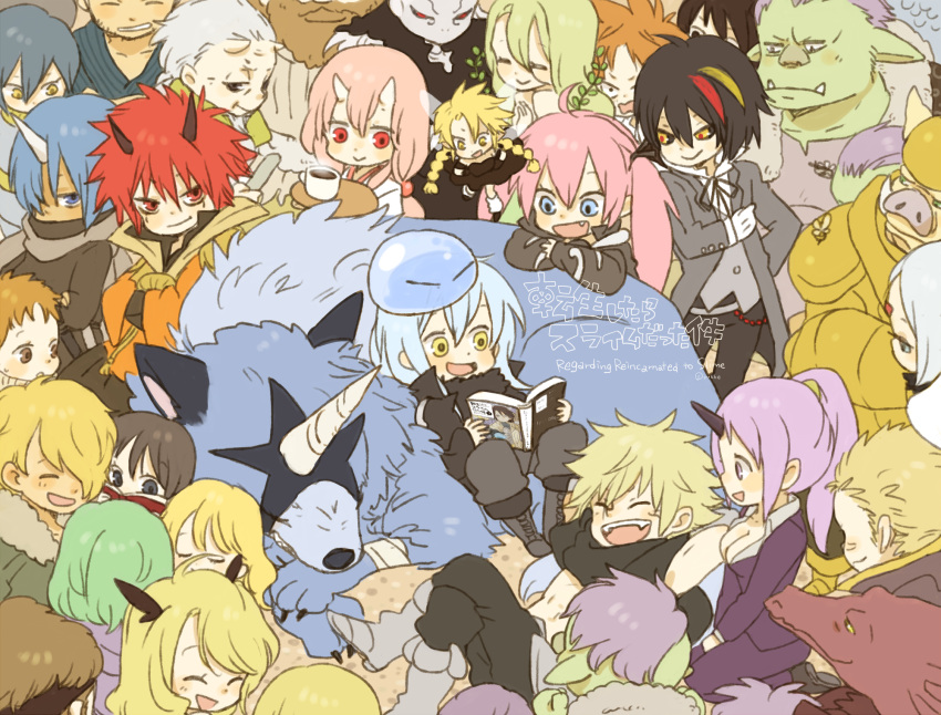 1other, androgynous, benimaru_(tensei_shitara_slime_datta_ken), black_horns, blonde_hair, blue_hair, book, brown_hair