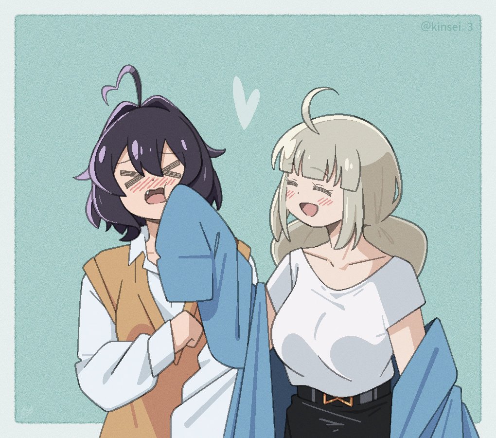 >_<, 2girls, ahoge, araga_kiwi, blush, cheek_poking, closed_eyes, fang