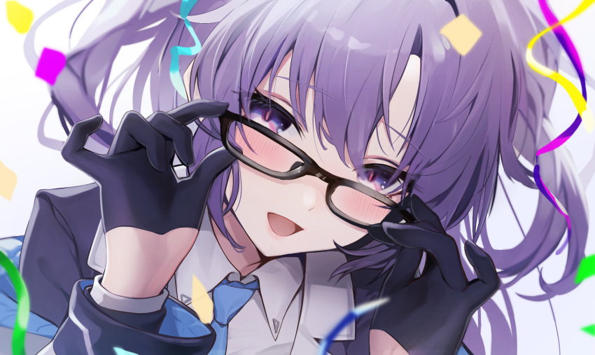 1girl, adjusting_eyewear, black_gloves, blue_archive, blue_necktie, confetti, gloves, half_gloves