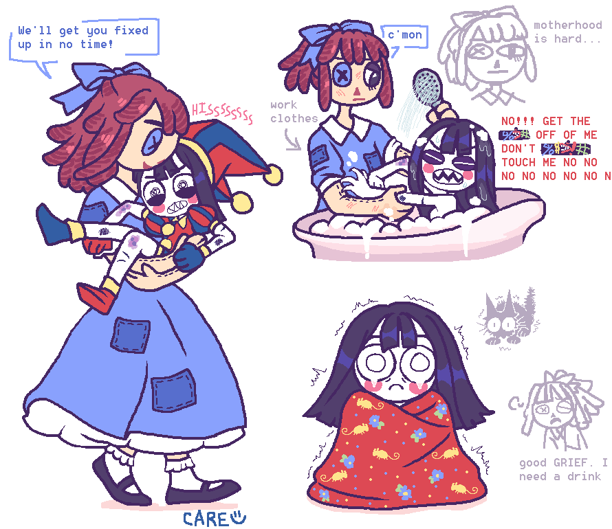 2girls, alternate_hair_length, alternate_hairstyle, bathing, bathtub, black_hair, blush, bruise, bruise_on_arm, bruise_on_leg, button_eyes, carrying, carrying_person, cat, censored, english_text, hat, himiko_(hydrangeamaiden), hissing, injury, jester, jester_cap, jester_costume, long_hair, medium_hair, multiple_girls, novelty_censor, pale_skin, patchwork_clothes, pomni_(the_amazing_digital_circus), princess_carry, ragatha_(the_amazing_digital_circus), redhead, sharp_teeth, stuffed_toy, teeth, the_amazing_digital_circus, trembling