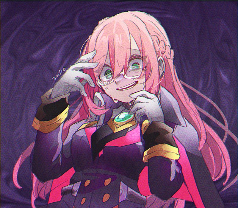 1girl, artist_name, braid, coat, dark_background, french_braid, glasses, gloves, green_eyes, gunvolt_chronicles_luminous_avenger_ix, isola_(gunvolt), long_hair, nervous_sweating, pink_hair, purple_coat, solo, sweat, upper_body, white_gloves, zukoko_rkgk