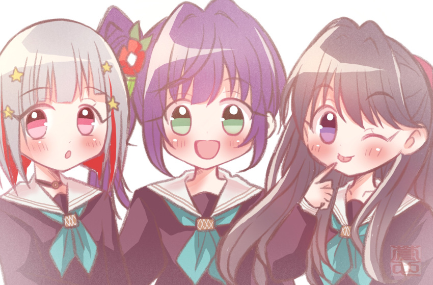 3girls, :d, :o, ;p, aqua_neckerchief, black_choker, blunt_bangs, bob_cut, brown_dress, brown_hair, canyon_2019, choker, colored_inner_hair, dress, flower, fujishima_megumi, green_eyes, grey_hair, hair_flower, hair_ornament, hasu_no_sora_school_uniform, highres, inverted_bob, link!_like!_love_live!, long_hair, long_sleeves, looking_at_viewer, love_live!, multicolored_hair, multiple_girls, neckerchief, o-ring, o-ring_choker, one_eye_closed, open_mouth, otomune_kozue, purple_hair, red_eyes, red_flower, redhead, sailor_collar, sailor_dress, school_uniform, short_hair, side_ponytail, sidelocks, simple_background, smile, star_(symbol), star_hair_ornament, streaked_hair, swept_bangs, tongue, tongue_out, two_side_up, violet_eyes, virtual_youtuber, white_background, white_sailor_collar, winter_uniform, yugiri_tsuzuri