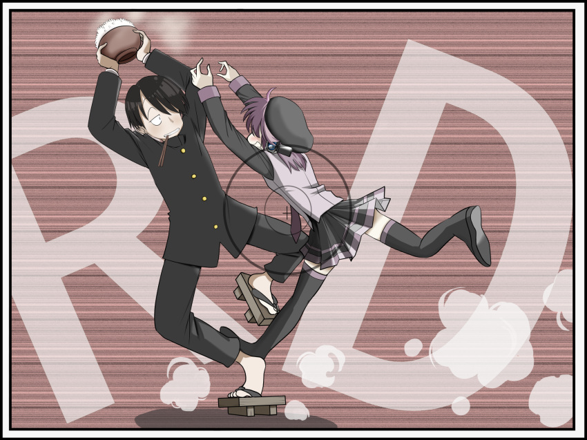 1boy, 1girl, arms_up, beret, black_footwear, black_hair, black_hat, black_jacket
