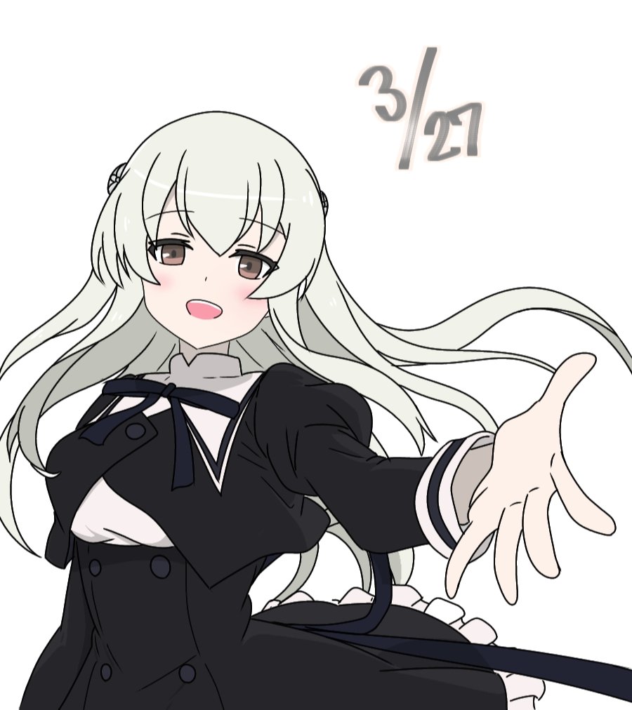 1girl, :d, arm_at_side, assault_lily, black_ribbon, black_skirt, blush, breasts
