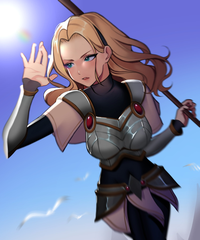 1girl, absurdres, armor, blonde_hair, blue_eyes, chiisaisan, highres, holding