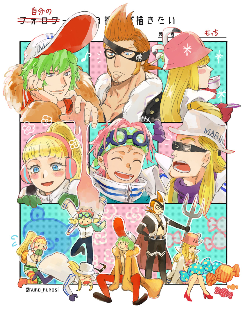 2girls, 4boys, baseball_cap, blonde_hair, blue_eyes, blush, candy, clay, closed_eyes, clothes_writing, cup, devil_fruit_power, drinking, epaulettes, food, gloves, goggles, green_gloves, green_hair, green_headband, hat, headband, headphones, helmeppo, hibari_(one_piece), high_collar, highres, holding, holding_cup, holding_trident, jewelry, koby_(one_piece), kujaku_(one_piece), long_hair, marine_uniform_(one_piece), medium_hair, mocchi_(mkz), multiple_boys, multiple_girls, multiple_rings, one_piece, open_mouth, orange_hair, pink_hair, ponytail, prince_grus, ring, scar, scar_on_face, short_hair, sideburns, smile, sunglasses, surprised, teacup, teeth, twitter_username, violet_eyes, x_drake
