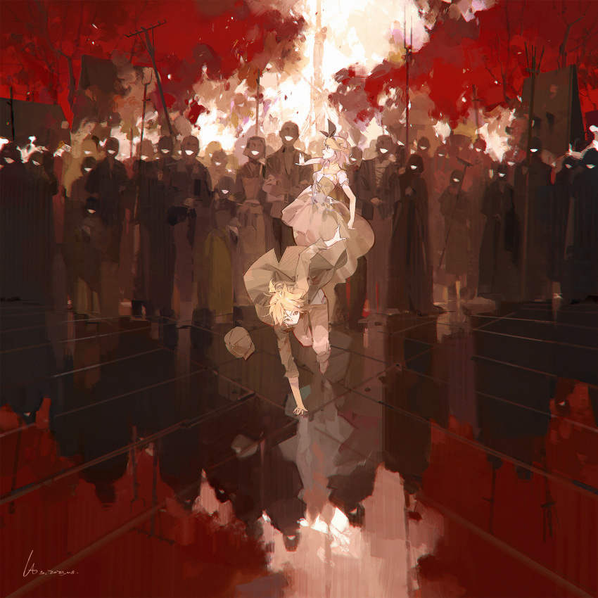 1boy, 1girl, a-shacho, bare_arms, bare_tree, black_bow, blonde_hair, bow, breasts, brown_footwear, brown_pants, cabbie_hat, chasing, chinese_commentary, collarbone, commentary, commentary_request, crowd, dress, evil_grin, evil_smile, fleeing, glowing_mouth, grin, hat, head_tilt, highres, holding, holding_baby, holding_pitchfork, holding_torch, house, jacket, kagamine_len, kagamine_rin, limited_palette, long_sleeves, looking_back, mob, narrow_waist, open_clothes, open_jacket, pants, pitchfork, red_purge_(vocaloid), red_sky, reflection, reflective_floor, running, short_hair, short_ponytail, short_sleeves, signature, silhouette, skinny, sky, small_breasts, smile, smoke, spikes, torch, tree, tripping, unworn_headwear, vocaloid, white_dress