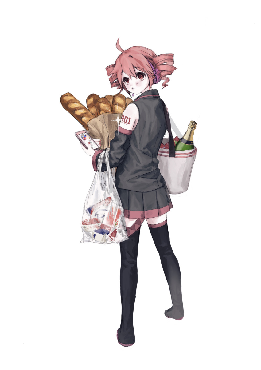 1girl, absurdres, bad_id, bad_pixiv_id, bag, baguette, black_footwear, black_shirt