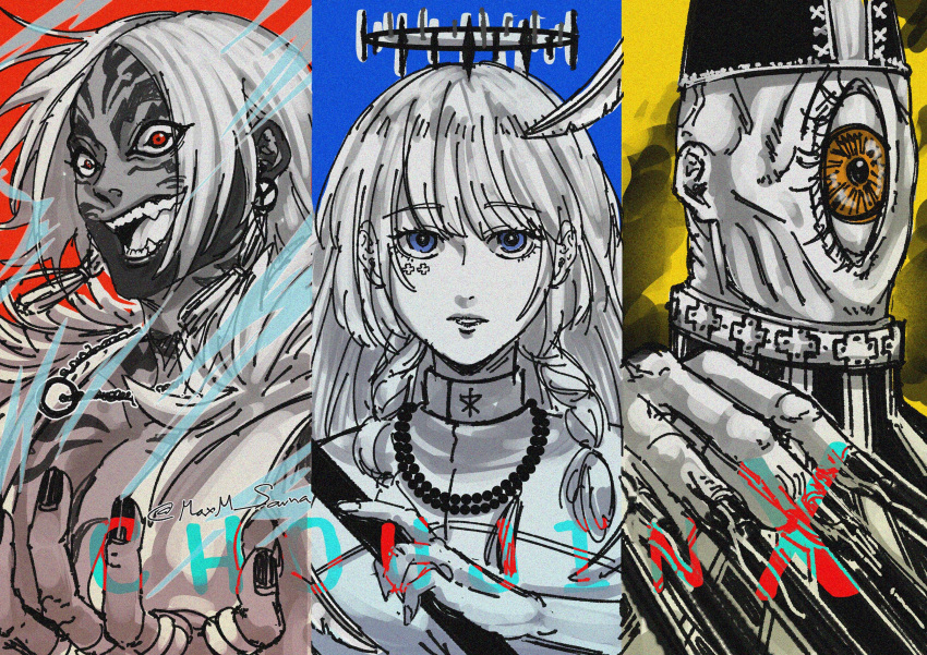 1girl, 2boys, absurdres, antitise_(choujin_x), bead_necklace, beads, black_halo, braid, choujin_x, cross_tattoo, crown_of_thorns, cyclops, dark-skinned_male, dark_skin, earrings, facial_tattoo, halo, hand_gesture, highres, jewelry, laughing, looking_at_viewer, macman_queem_(choujin_x), maxm_sama, military, multicolored_background, multiple_boys, necklace, nun, one-eyed, red_eyes, ribbon_earrings, shiruha_sora_(choujin_x), signature, tattoo, twin_braids, yellow_eyes
