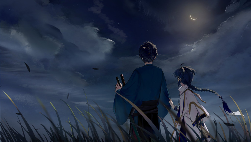 1boy, 1other, ahoge, amulet, androgynous, black_hakama, blue_kimono, bracelet, braid, braided_ponytail, clothes_grab, clouds, cloudy_sky, crescent_moon, dark, fate/samurai_remnant, fate_(series), from_behind, grass, hakama, highres, japanese_clothes, jewelry, jiang_(bolidididi), katana, kimono, leaf, looking_afar, miyamoto_iori_(fate), moon, necklace, night, night_sky, sheath, sheathed, sidelocks, single_braid, sky, sleeve_grab, sword, tall_grass, topknot, weapon, wind, yamato_takeru_(fate)