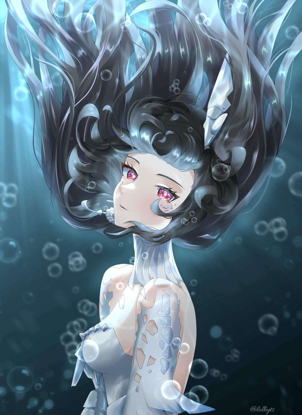 1girl, air_bubble, backless_dress, backless_outfit, black_hair, bubble, collar, detached_collar