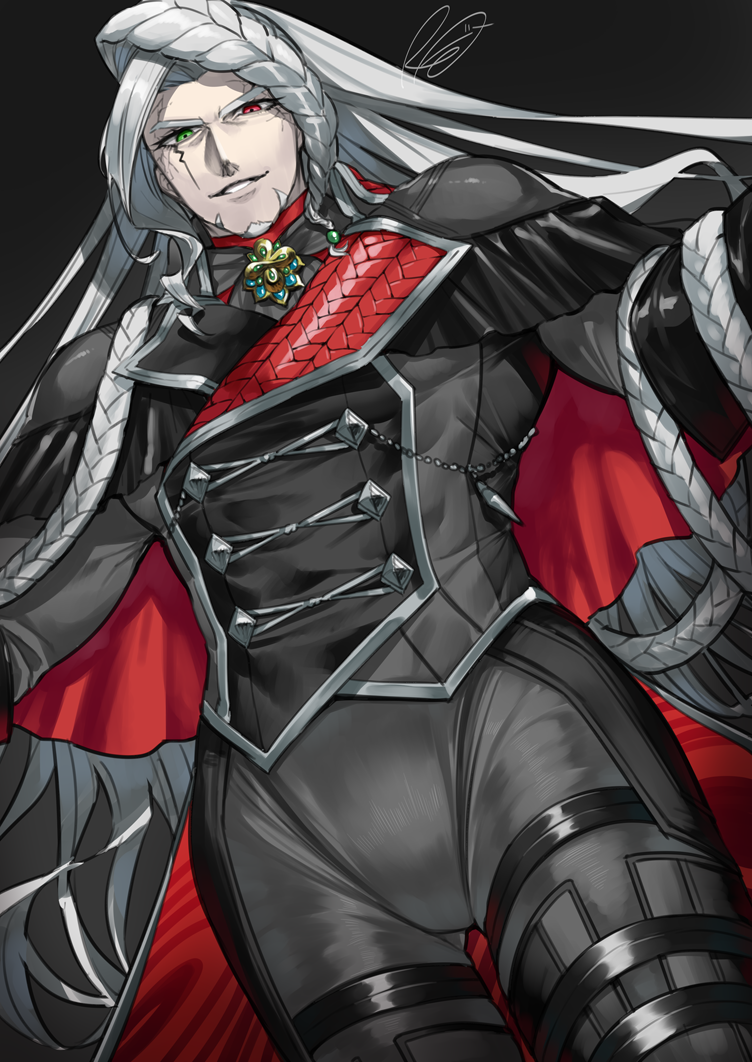 1boy, alessandro_cagliostro_(fate), braid, buttons, cape, double-breasted, facial_hair, facial_mark, fate/grand_order, fate_(series), goatee, green_eyes, grey_hair, heterochromia, long_hair, male_focus, red_cape, red_eyes, rkp, signature, smile