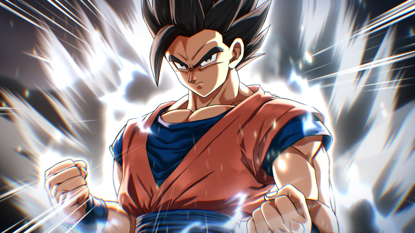 1boy, absurdres, aura, black_eyes, black_hair, blue_sash, blue_shirt, clenched_hands