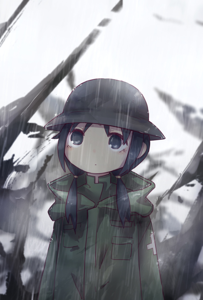 1girl, black_eyes, brodie_helmet, chito_(shoujo_shuumatsu_ryokou), closed_mouth, combat_helmet, cross, green_jacket