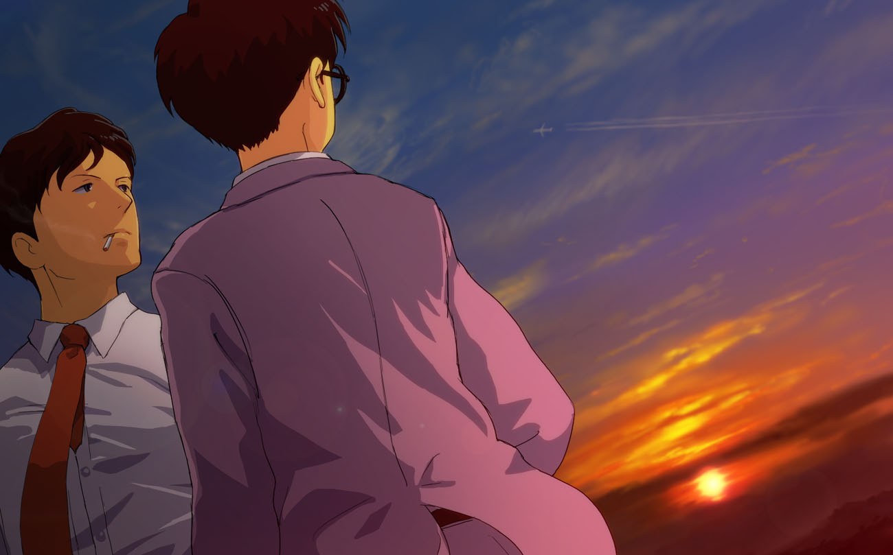 2boys, aircraft, airplane, black-framed_eyewear, black_eyes, brown_hair, cigarette, closed_mouth