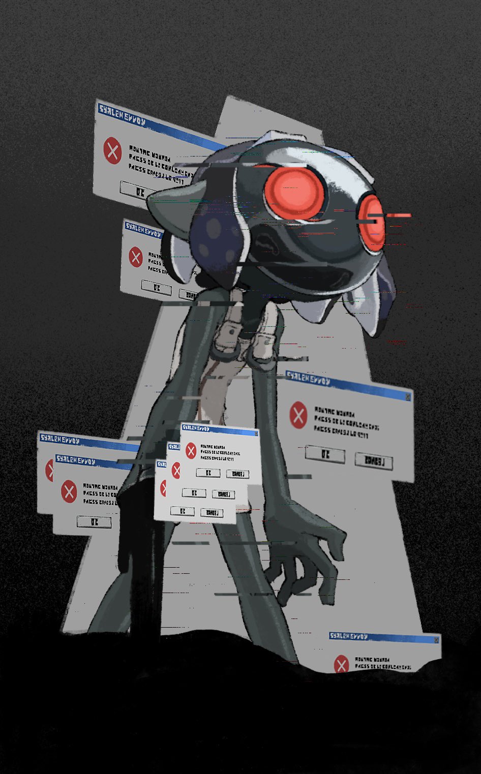 1girl, bare_shoulders, blue_hair, bodysuit, colored_skin, error_message, feet_out_of_frame, glitch