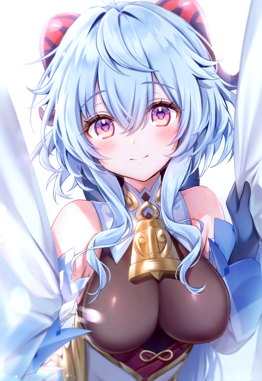 1girl, absurdres, amaki_ruto, bare_shoulders, bell, blue_hair, breasts, closed_mouth