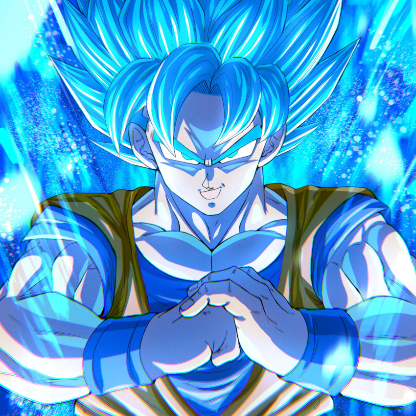 aura, blue_eyes, blue_hair, blue_shirt, chiro_illust, clenched_hand, close-up, dougi
