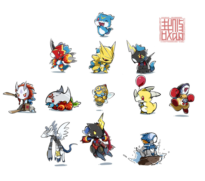 all_fours, armor, artist_logo, balloon, black_armor, blue_skin, bow_(weapon), boxing_gloves