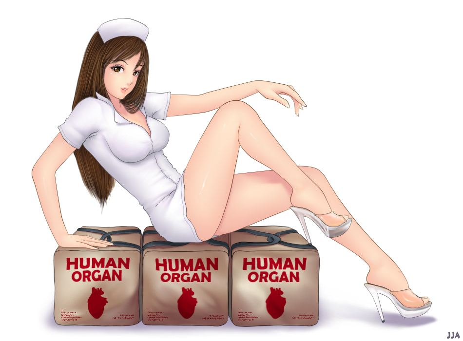 brown_hair, female, hat, high_heels, khalitzburg, legs, nurse, nurse_cap