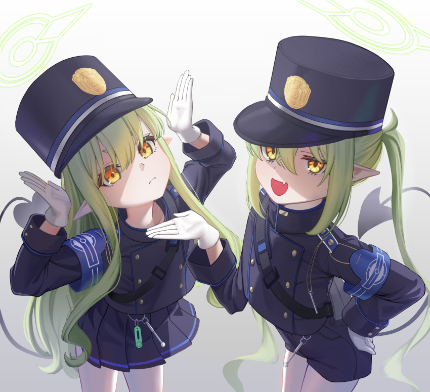 2girls, armband, bag, black_bag, blue_archive, blue_armband, buttons, demon_tail