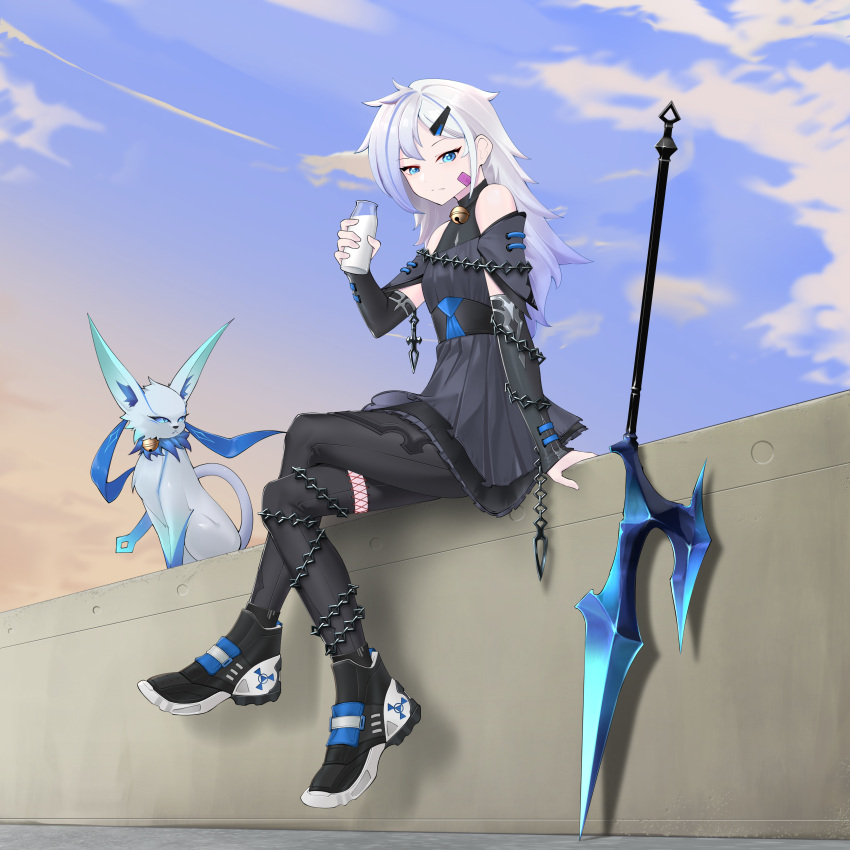 absurdres, alice_(sheshhhan), bandage_on_face, bandages, bare_shoulders, bell, blue_eyes, breasts, cat, chain, commission, commissioner_upload, crop_top, crossed_legs, detached_sleeves, drink, hair_ornament, highres, holding, holding_drink, layered_skirt, light_frown, long_bangs, long_hair, multicolored_hair, neck_bell, non-web_source, original, pantyhose, pleated_skirt, polearm, rhan, shoes, sitting, skirt, sky, small_breasts, sneakers, two-tone_hair, weapon, white_hair