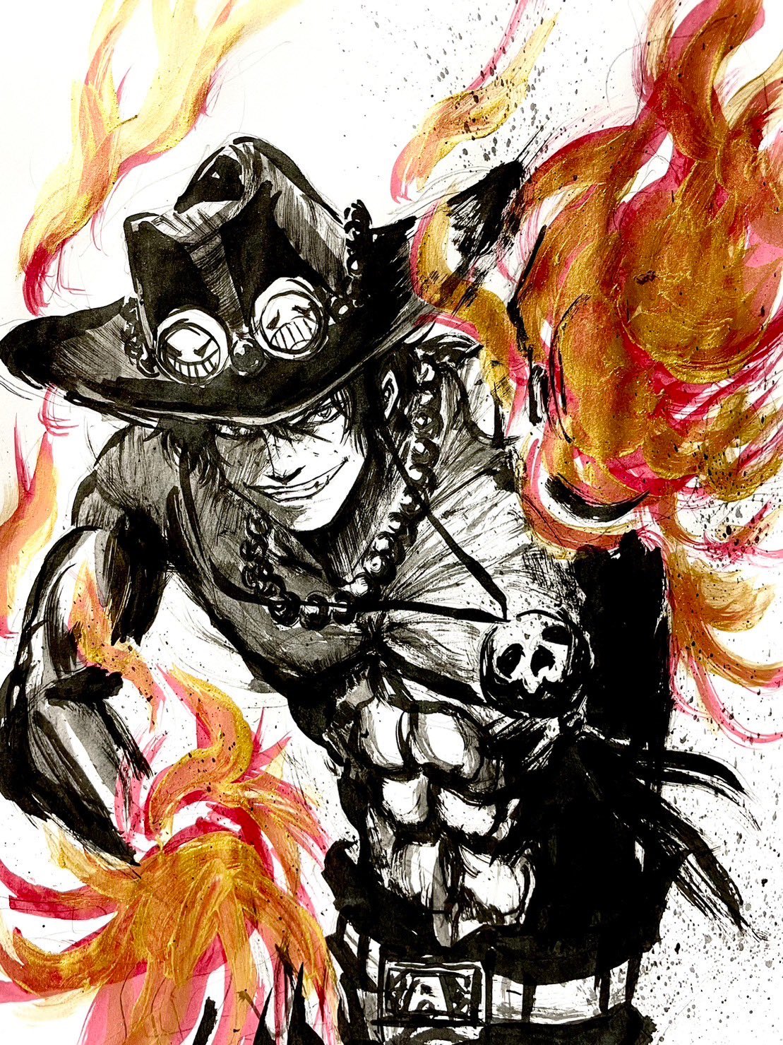 1boy, abs, belt, brushbox2022, commentary_request, cowboy_hat, cowboy_shot, fire