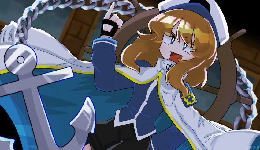 1girl, anchor, anchor_print, arm_up, black_gloves, black_shorts, blue_eyes, blue_shirt