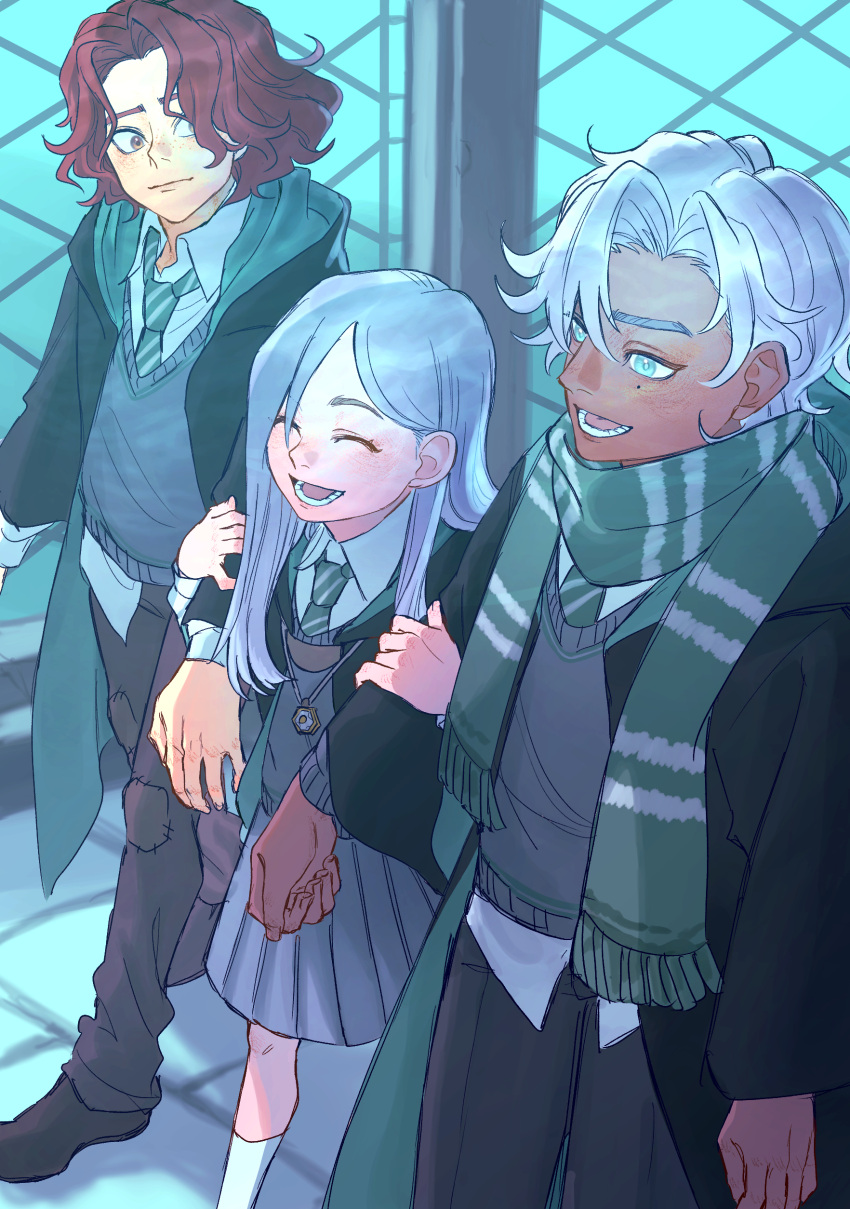 1girl, 2boys, absurdres, black_pants, black_robe, brown_eyes, cardigan, closed_mouth