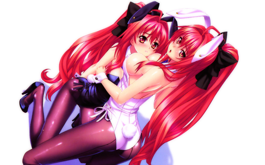 ass, breasts, bunny_ears, bunny_girl, bunnysuit, cleavage, corticarte_apa_lagranges, dual_persona, dutch_angle, highres, kannatsuki_noboru, maroon_pantyhose, pantyhose, ponytail, rabbit_ears, red_eyes, red_hair, redhead, shinkyoku_soukai_polyphonica, wallpaper, yuri