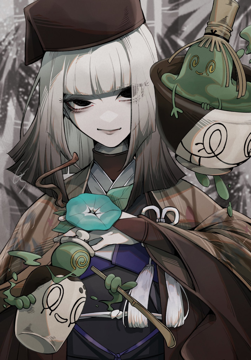 1girl, artist_name, asymmetrical_eyes, bamboo, bamboo_forest, black_eyes, black_gloves, black_hair