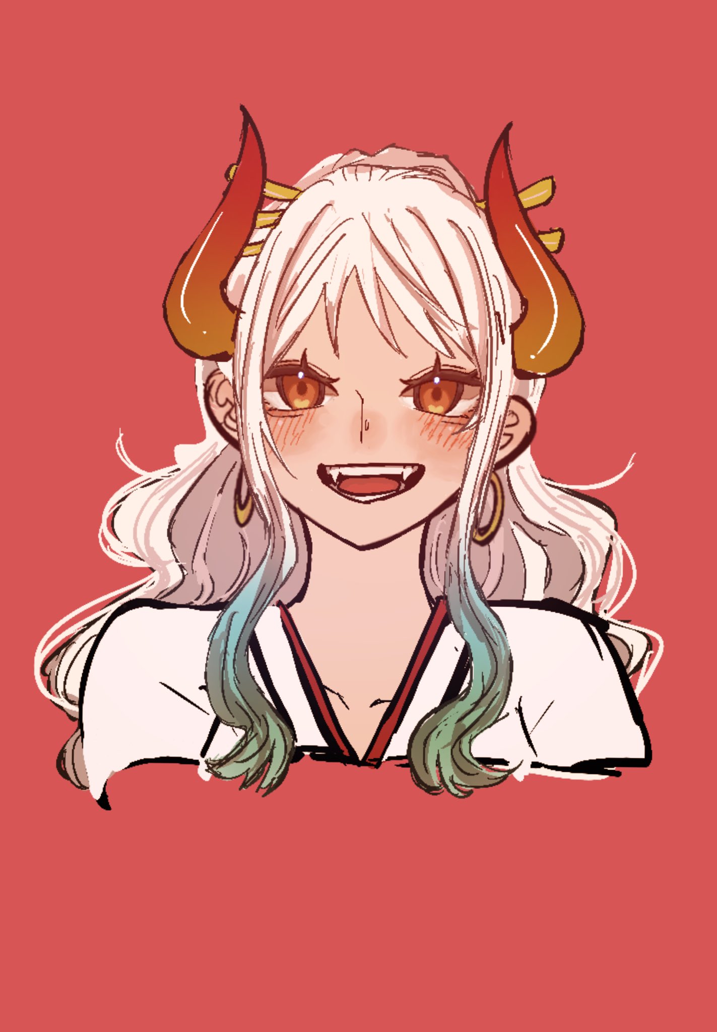 1girl, blue_hair, cropped_torso, earrings, eyelashes, fangs, green_hair, hair_ornament
