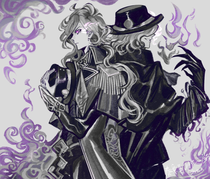 2boys, artist_name, back-to-back, cloak, coat, commentary_request, cowboy_shot, dual_persona
