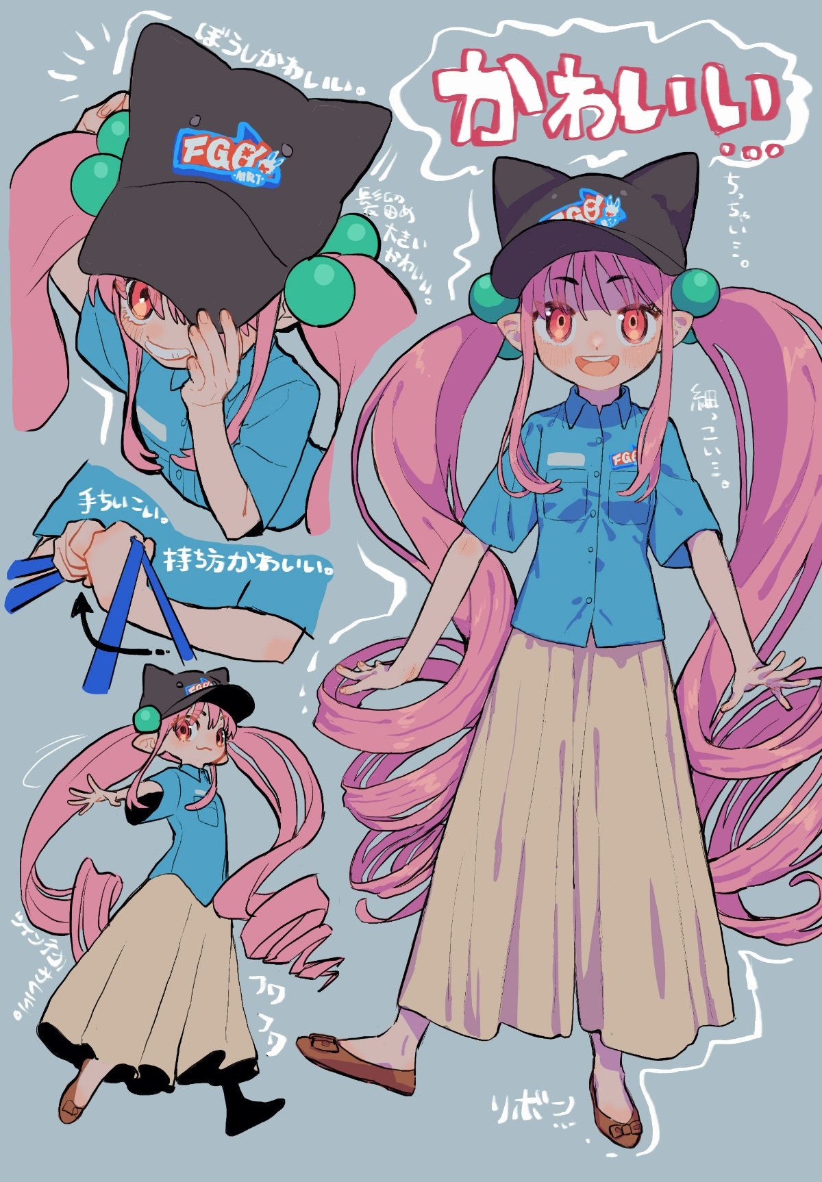 amemasu79, animal_ear_headwear, black_hat, blue_shirt, fate/grand_order, fate_(series), habetrot_(fate), hair_bobbles