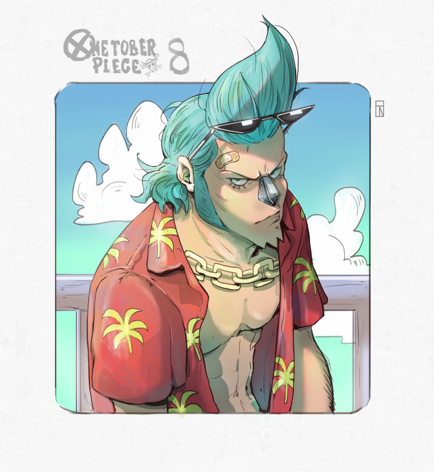 1boy, abs, bandaid, black_eyes, blue_hair, chain, chain_necklace, closed_mouth