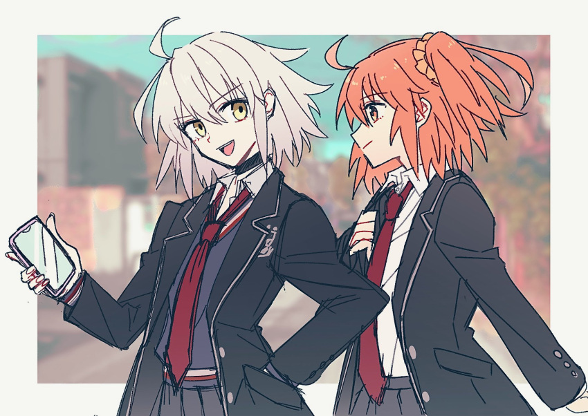 2girls, :d, ahoge, arm_at_side, black_jacket, blue_sweater, blurry, blurry_background