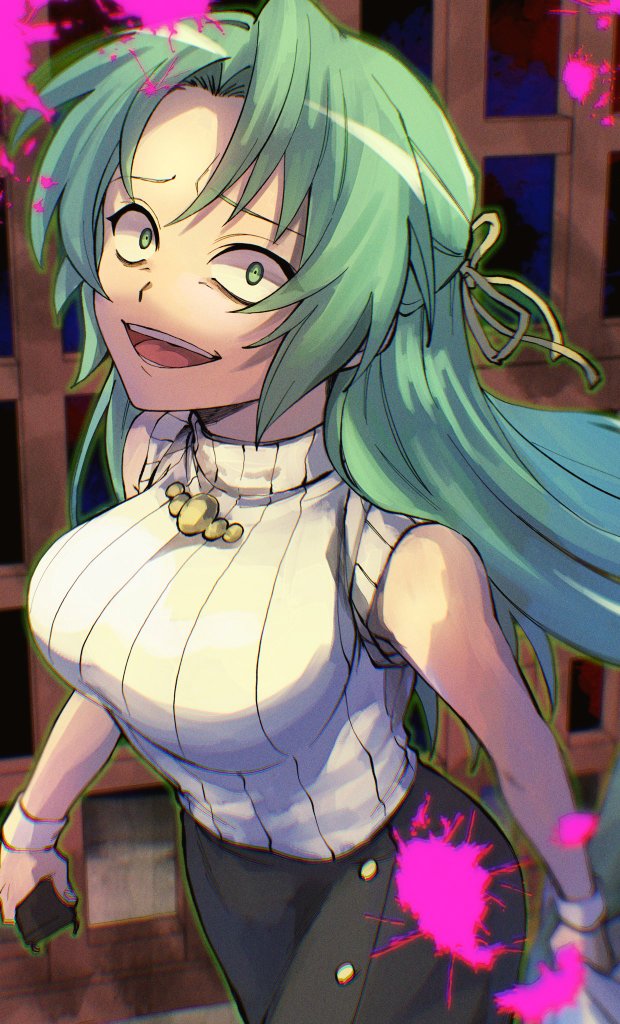 1girl, bare_shoulders, blood, blood_splatter, breasts, crazy, crazy_eyes, crazy_smile