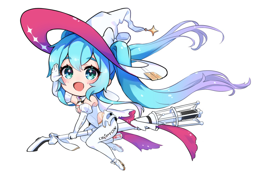 1girl, ankle_bow, blue_eyes, blue_hair, blush, bow, broom, broom_riding, chibi, covered_navel, crypton_future_media, detached_sleeves, elbow_gloves, gloves, goodsmile_racing, gradient_hair, hat, hatsune_miku, high_heels, highres, leotard, logo, multicolored_hair, open_hand, open_mouth, pants, peteron, puffy_short_sleeves, puffy_sleeves, purple_hair, racing_miku, racing_miku_(2024), short_sleeves, simple_background, smile, solo, twintails, vocaloid, white_background, white_bow, white_footwear, white_hat, white_leotard, white_pants, witch_hat, yoga_pants