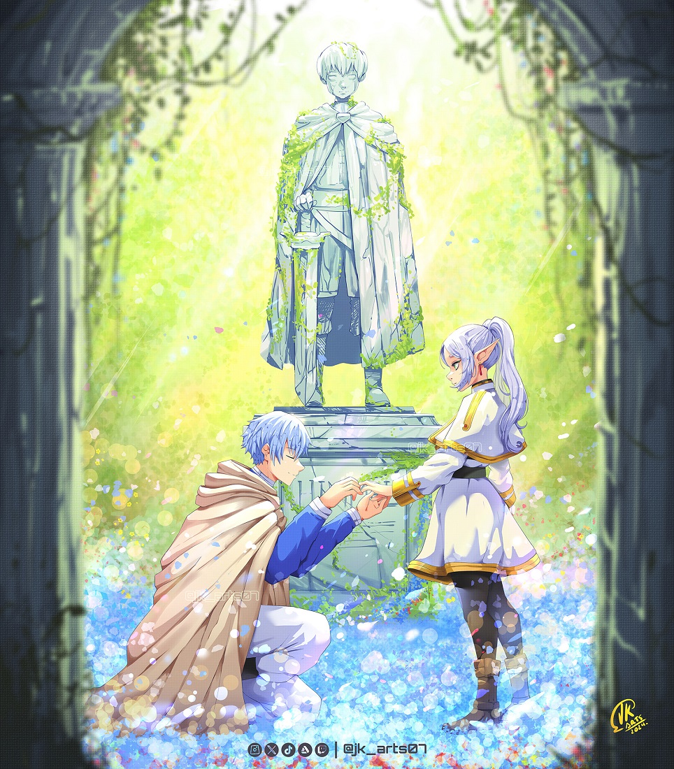 1boy, 1girl, blue_flower, blue_hair, boots, cape, elf, field